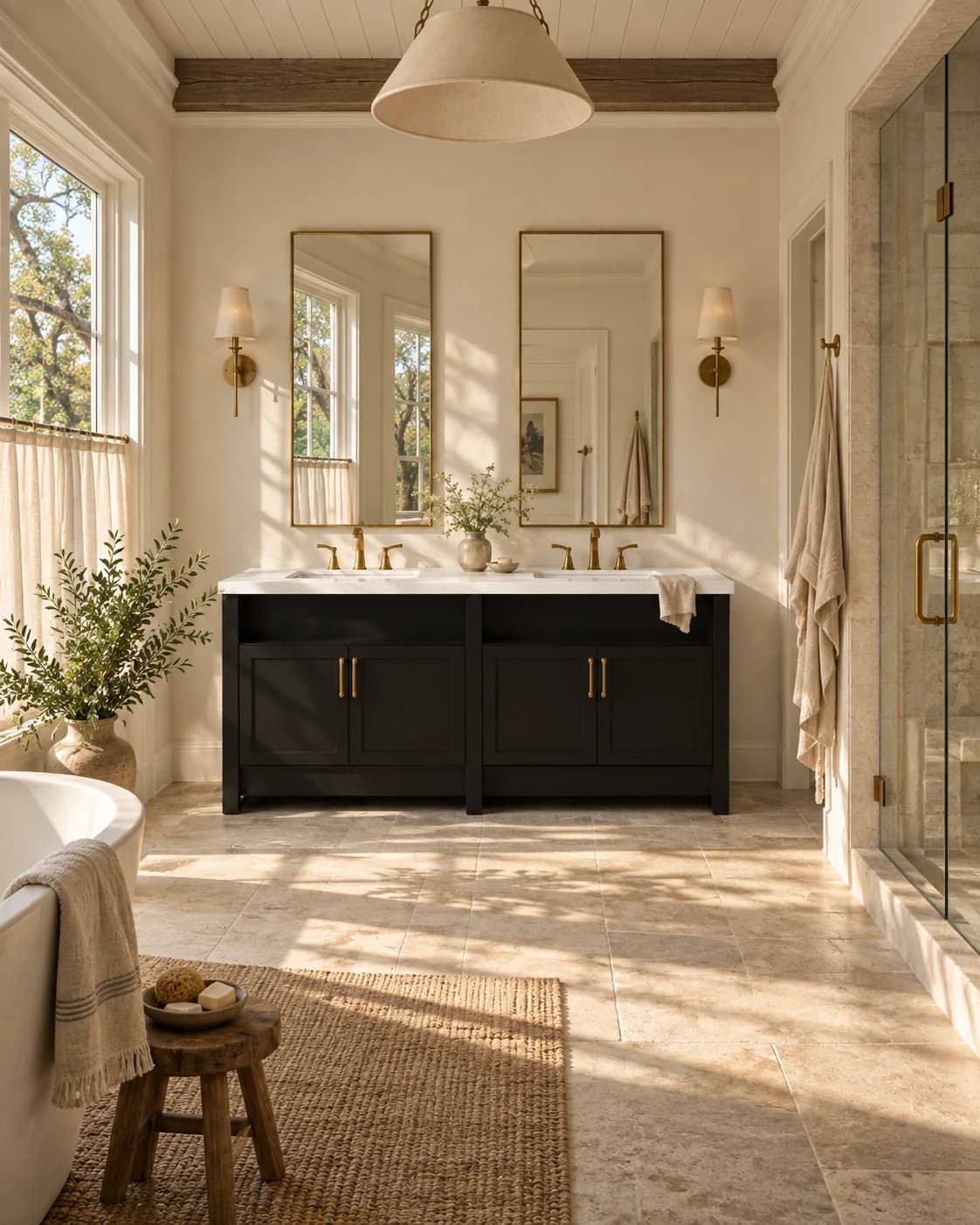 Sound & Oak Montauk vanity in a shingle-house primary bathroom, with chalky warm-white walls, pale limestone pavers, aged brass wall sconces, slim rectangular mirrors, linen cafe curtains and a view of mature American oak trees.