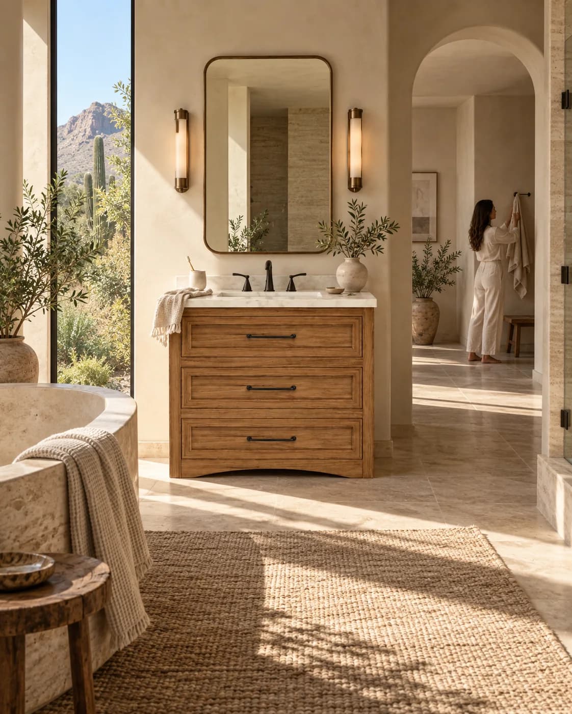 Sound & Oak Jamesport vanity in a desert-modern primary bathroom, with sand-colored mineral plaster, honed travertine, a tall slot window casting strong geometry, an arched doorway and brushed bronze accents.