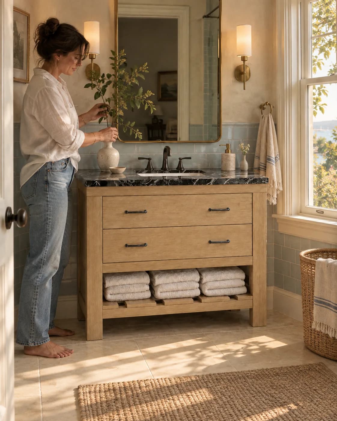 Sound & Oak Quogue vanity in a coastal townhouse bathroom, with buttery plaster, pale blue ceramic wall tile, a tall painted sash window, muted brass lighting, fine cane accessories and warm cream floor tile.