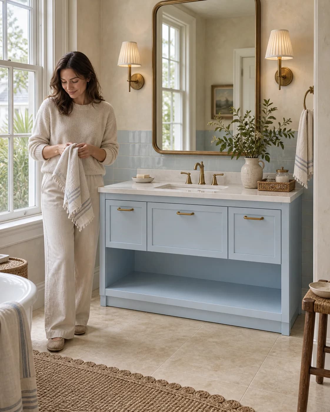 Sound & Oak Lloyd Harbor vanity in a coastal townhouse bathroom, with buttery plaster, pale blue ceramic wall tile, a tall painted sash window, muted brass lighting, fine cane accessories and warm cream floor tile.