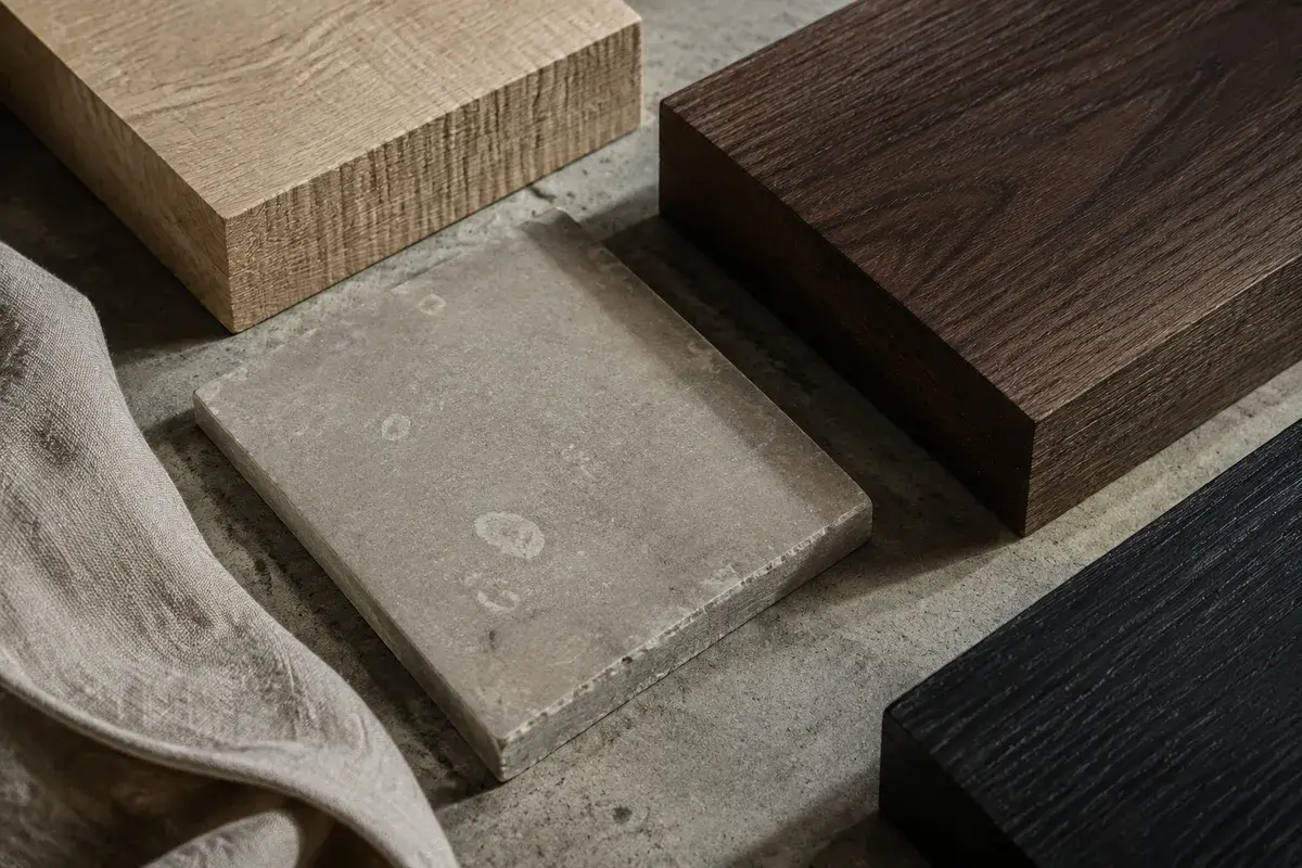 Concept palette of timber and stone textures